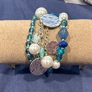 Multi-Strand Blue Pearl & Bead Bracelet